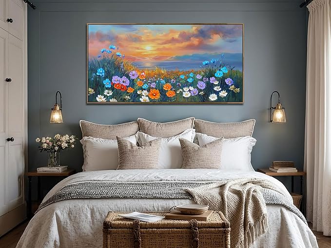 Ardemy Landscape Wall Art for Living Room Coastal Sunset Flower Canvas Bedroom Textured Floral Wildflower Blue Ocean Painting Nature Artwork Home Office Wall Decor, Wood Framed Large 48"x24"