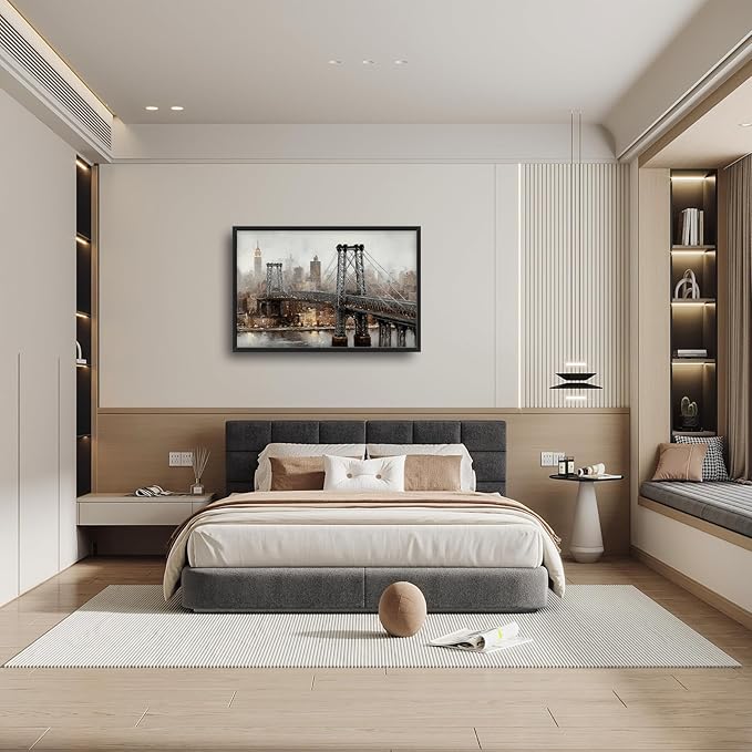 Glocmna Large New York City Skyline Wall Art for Living Room Manhattan Bridge Canvas Wall Decor Modern Architecture Oil Painting Pictures Print Framed Artwork Decorations Bedroom Home Office Dinning room 24"x36"
