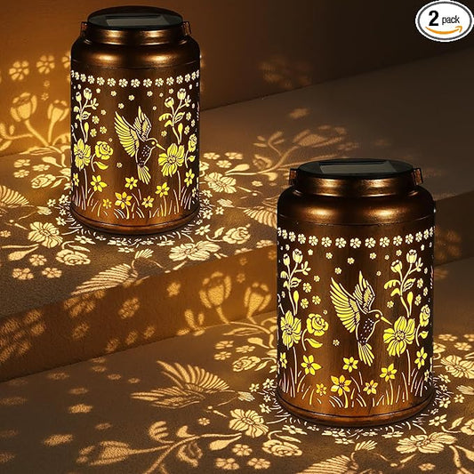 2 Pack Solar Lanterns Outdoor Waterproof, Hummingbird Garden Decor Gifts for Women Mom Grandma Hanging Solar Lights Metal Solar Decoration Outside for Yard, Patio, Lawn, Pathway