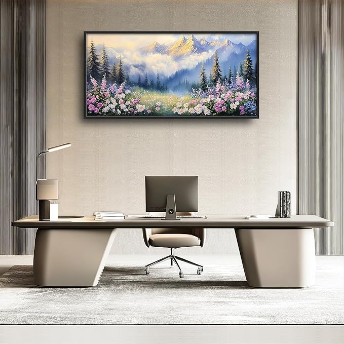 Framed Large Wall Art for Living Room, Forest Mountain Canvas Wall Decor, Flowers Tree Pictures Painting, Modern Landscape Artwork for Bedroom Office 60L'' × 30W''