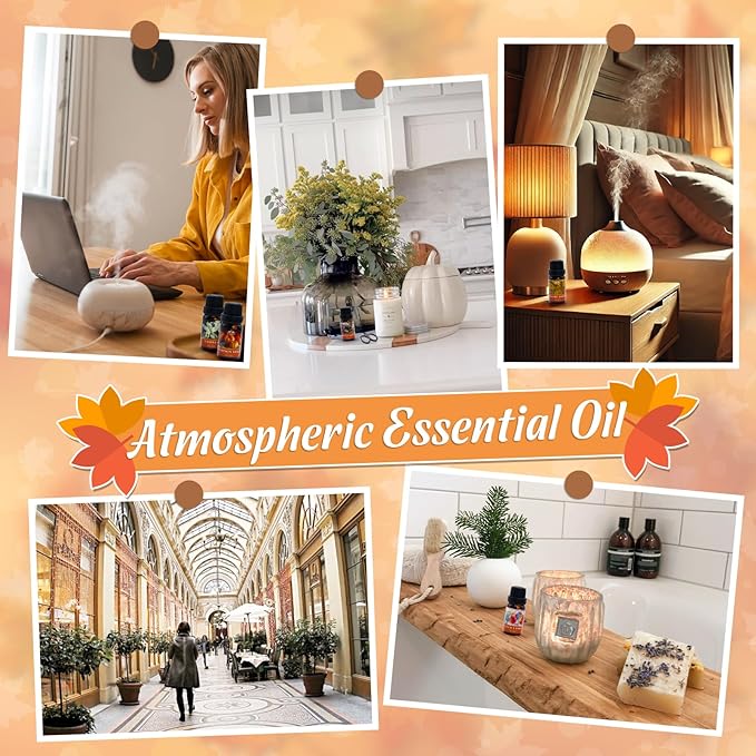 Fall Essential Oils Set for Home, Hotel and Car, Fragrance Oil Gifts Set for Oil Diffusers, with Pumpkin Spice, Harvest Spices and Vanilla, Autumn Essential Oil for Candle and Soap Making 6 Pack 10ML