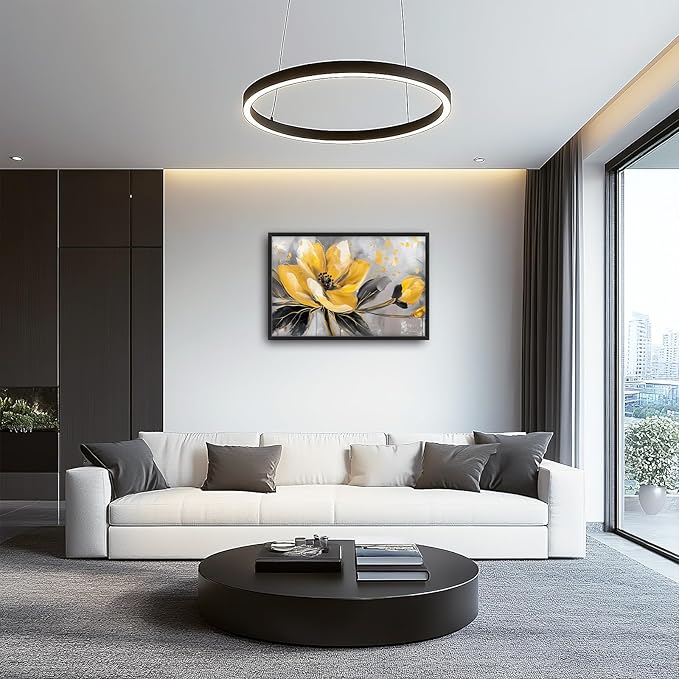 Framed Large Wall Art for Living Room, Yellow Floral Canvas Wall Decor, Gold Flower Pictures Painting, Natural Landscape Artwork for Living Room Bedroom Office 36L'' × 24W''