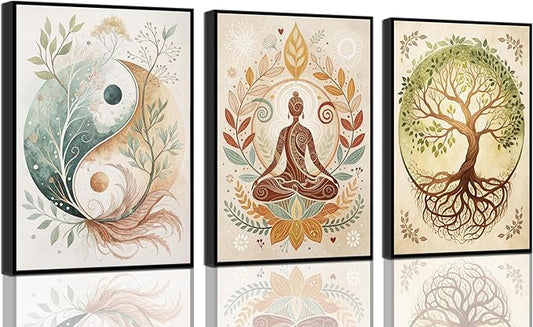 3 Pcs Tree of Life Canvas Wall Art Lotus Zen Painting Pictures Wall Decor Yin Yang Taichi Spiritual Prints Posters for Living Room Yoga Room Hotel Bedroom Home Decor 12x16in Unframed