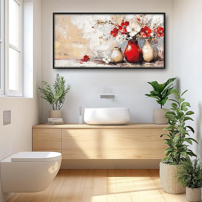 SweetFox Extra Large Vases with Flowers Framed Wall Art for Living Room, Farmhouse Floral Pictures Oversized Wall Decor Abstract Canvas Painting Print Artwork for Bathroom Master Bedroom 60L X 30W