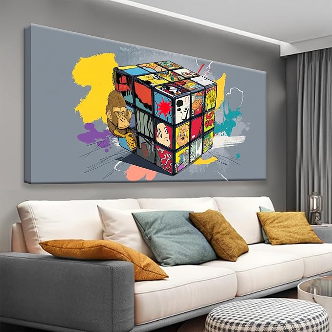 Abstract Wall Art Modern Abstract Wall Decor Multicolor Graffiti Cube Canvas Art Wall Decor Painting Picture For Bedroom Office Home Wall Decoration Artwork 20"X 40"Ready To Hang