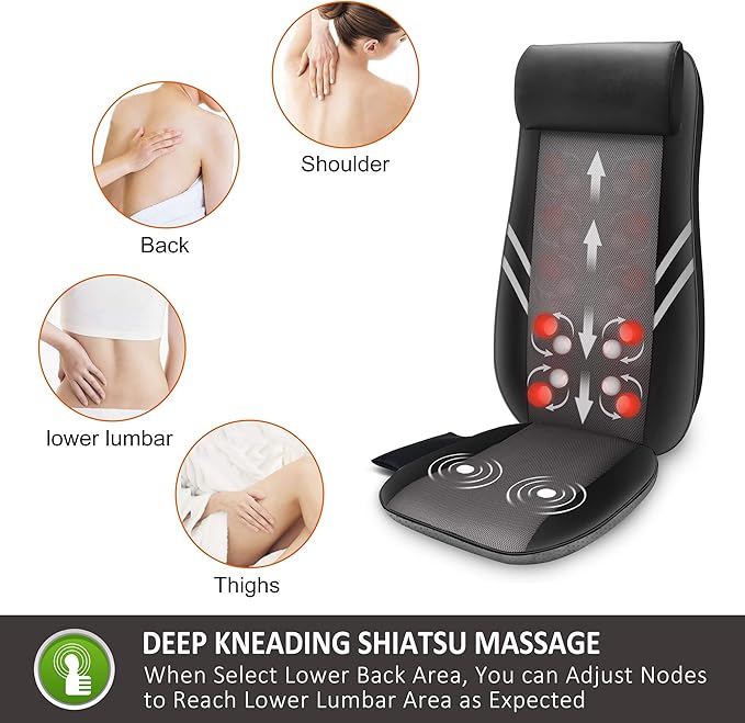 Snailax Back Massager with Heat,Shiatsu Massage Seat Cushion,8 Flexible Nodes for Full Back Massage Chair Pad,Chair Massager for Office,Gifts