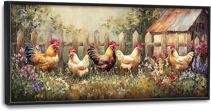 Farmhouse Roosters Wall Art Farm Chicken Pictures Wall Decor Country Rooster Large Master Over Above Bed Canvas Prints Horizontal Modern Artwork Painting Home Decorations For Kitchen Bedroom 30"x60"