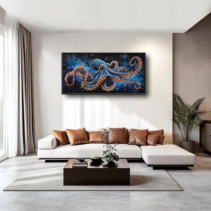 Octopus Wall Art Blue Space Octopus Pictures Wall Decor Galaxy Canvas Prints Framed Artwork Paintings Coastal Home Office Decorations for Living Room Bedroom Dinning Room 60"x30"