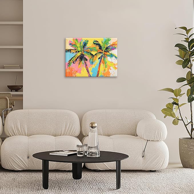 Olivine Tropical Wall Art, Palm Tree Pictures Wall Decor, Graffiti Painting, Colorful Summer Canvas Prints, Framed Artwork for Bathroom Living Room Bedroom Office Home Decoration 16"x12"