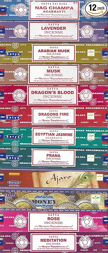 Set of 12 Nag Champa, Lavender, Arabian Musk, Egytian Jasmine, Musk, Dragon's Fire, Dragon's Blood, Prana, Ajaro, Money, Rose, Meditation by Satya Incense Bangalore (BNG)