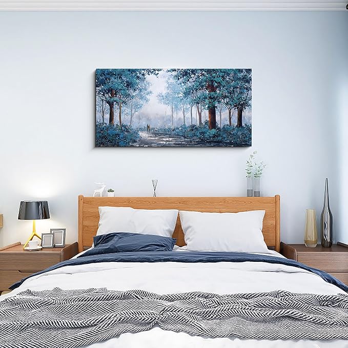 KLAKLA Bedroom Art - Canvas Tree Wall Art for Bedroom Office Home Decor - Blue Picture Artwork for Wall - Blue Leaves Plant Forest Wall Decor