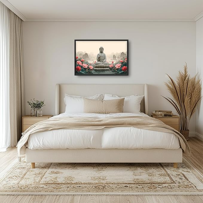 Glocmna Large Buddha Wall Art for Living Room Zen Buddha Lotus Canvas Wall Decor Big Meditation Pictures Painting Print Framed Artwork Decorations Gifts for Bedroom Home Spa Yoga Room Office Hotel 24"x36"