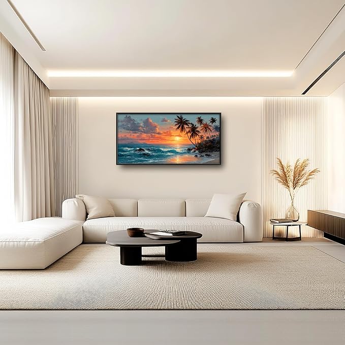 Glocmna Large Wall Art for Living Room Beach Sunset Ocean Waves Wall Decor Tropical Coastal Palm Trees Scenery Canvas Big Seascape Pictures Painting Print Framed Artwork Decorations Gifts for Bedroom Home Office Hotel 30"x60"