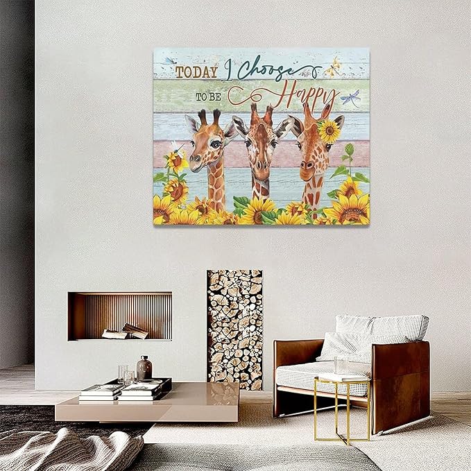 Giraffe Bathroom Decor Wall Art Sunflower Wall Decor Giraffe Canvas I Choose Happy Prints Painting Framed Artwork for Bathroom living room Bedroom 20"x16"