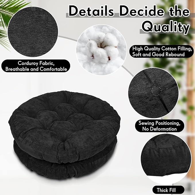 Jerify 4 Pcs Floor Pillow Cushions 22 x 22 Inch Round Square Large Meditation Floor Pillow for Classroom Adult Meditation Picnic Party Cushion for Seating Gift Christmas(Black,Round)