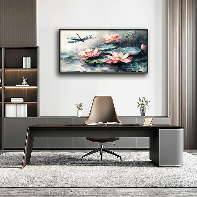 Large Lotus Dragonfly Wall Art for Living Room, Rusitc Floral Canvas Wall Decor, Pink Flowers Pictures Framed Painting, Natural Landscape Artwork for Bedroom Office 60L'' × 30W''