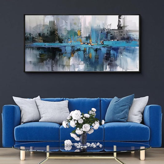yiijeah Oversized Wall Art - Abstract Picture Large Wall Decor for Living Room Blue and White Paintings Big Frame Artwork Extra Large Canvas for Office Bedroom Home Decor