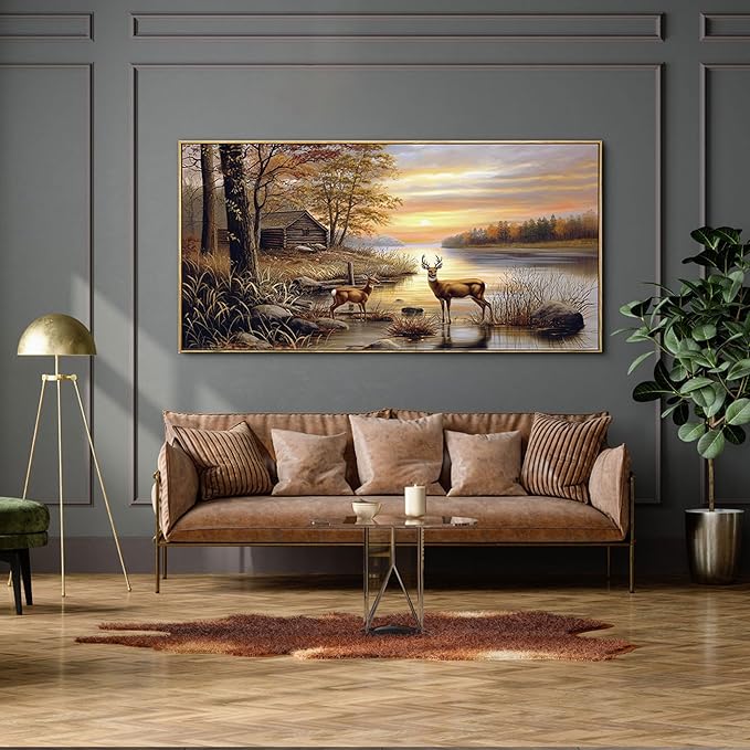 yiijeah Deer Pictures Wall Decor - Autumn Rustic Forest Cabin Painting Prints Wildlife Pictures Animal Elk Poster Oversize Canvas Wall Art Modern Hunting Decor Framed Artwork for Walls