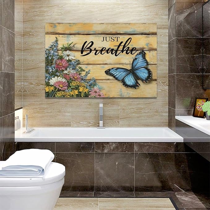 Olivine Butterfly Wall Art, Butterflies Flower Pictures Wall Decor, Just Breathe Painting, Vintage Farmhouse Canvas Prints, Framed Artwork for Living Room Bedroom Bathroom Kitchen Office Home 24"x16"