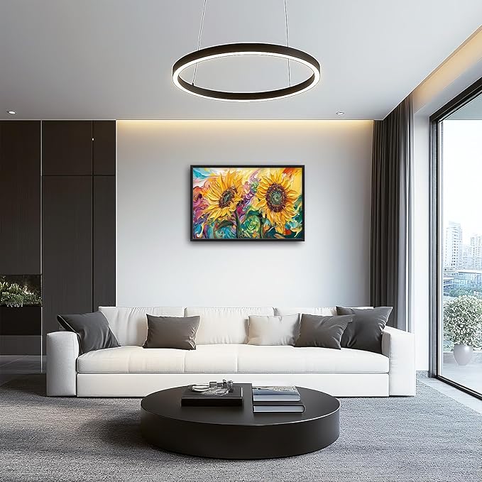 Framed Large Wall Art for Living Room, Sunflower Canvas Wall Decor, Flower Pictures Painting, Natural Landscape Artwork for Living Room Bedroom Office 36L'' × 24W''