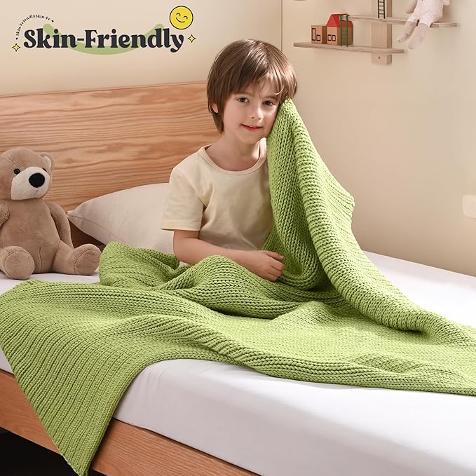 Guohaoi Knitted Weighted Blanket Kids (Light Green 50"x60" 5lbs) No Beads Cooling Heavy Blanket, Home Decor Breathable Chunky Knit Throw Blanket for All-Season Use