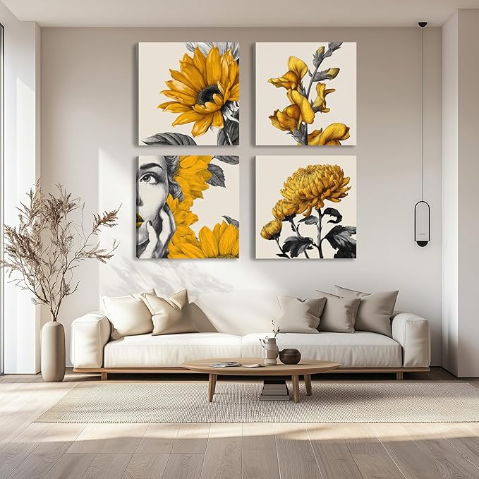 Framed Botanical Wall Art for Living Room Rustic Boho Yellow Flower Canvas Paintings Minimalist Floral Prints for Bedroom Dining Room Hallway Bathroom Office Wall Decor Artwork for Wall