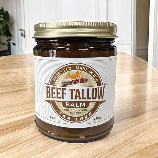 Beef Tallow Balm - 8 oz - Made in USA - Organic Grass Fed and Finished - Moisturizing Skin Care Tea Tree