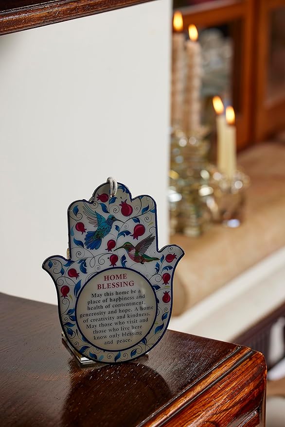 Epoxy Hamsa English Home Blessing 7.5" with Red Pomegranates Motif - Good Luck Hamsa Hand Wall Hanging Decor, Evil Eye Protection Amulet