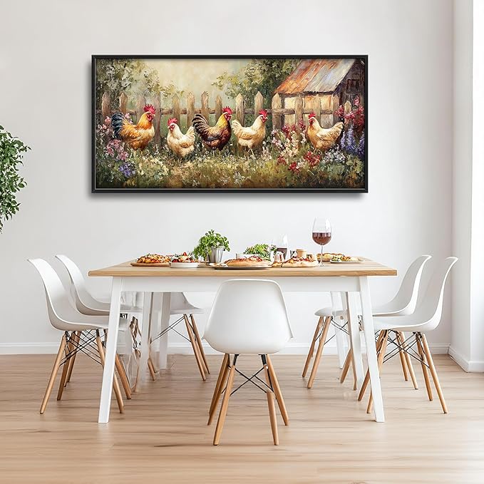 Farmhouse Roosters Wall Art Farm Chicken Pictures Wall Decor Country Rooster Large Master Over Above Bed Canvas Prints Horizontal Modern Artwork Painting Home Decorations For Kitchen Bedroom 30"x60"