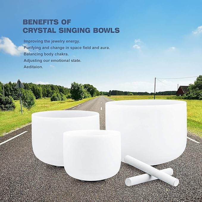 Ryan Dvan 8-12 Inch Set of 3 Forested Quartz Crystal Singing Bowl Chakra Set with Free 1 pc Carrying Case