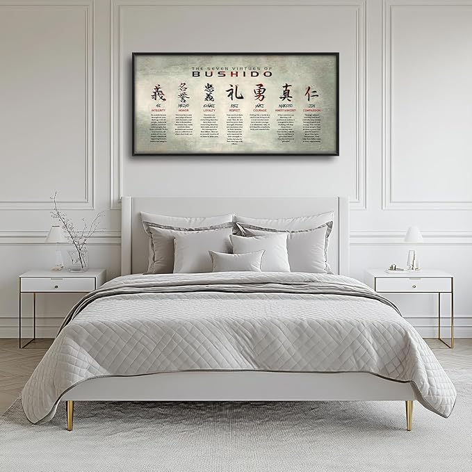 Japanese Bushido Large Wall Art Japan 7 Seven Virtues Pictures Wall Decor Inspirational Samurai Above Over Bed Canvas Prints Painting Framed Artwork Decoration for Bedroom Living Room Office 60"x30"