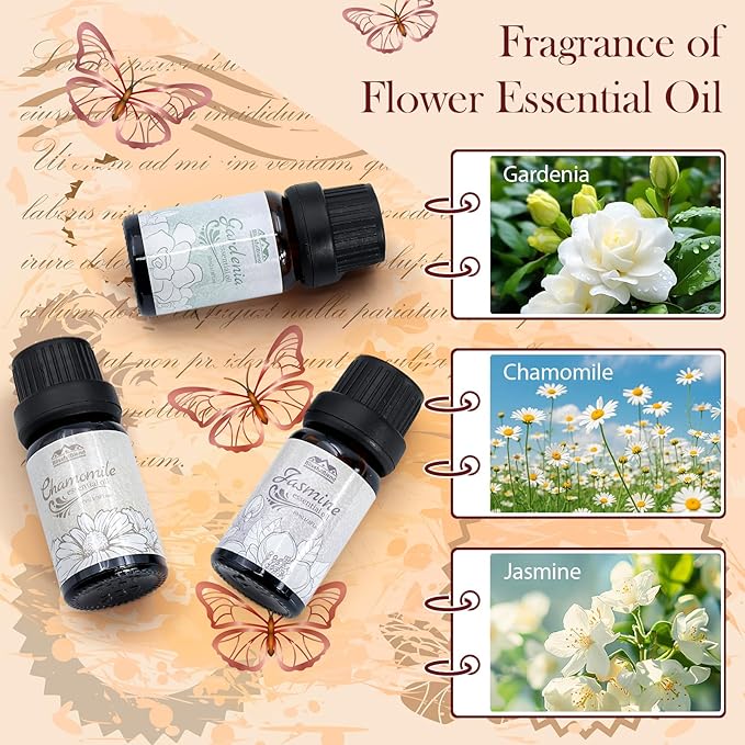 Floral Essential Oils Set Diffuser for Home, Hotel and Car Care, 6 Flavors Lavender, Jasmine, Rose, Chamomile, Sakura, Gardenia, Flower Fragrance Diffuser Essential Oil Gifts for Candle Making 10ML