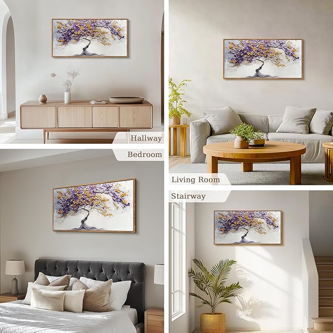 crmotu Tree of Life Framed Wall Art Large Artwork, Purple Gold Tree Abstract Art Prints, Nature Plant Aesthetic Canvas Art Wall Decor Living Room Bedroom, Zen Spiritual Home Decor Paintings 20x40inch