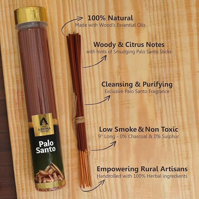 The Aroma Factory Organic Incense Sticks PaloSanto (Herbal Agarbatti for Smudging, Cleansing) 0% Charcoal, 0% Sulphates, 1 x 100g Bottle
