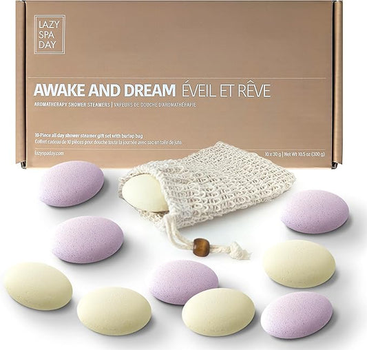 Energize with Awake: Lavender, Chamomile, Jasmine. Relax with Dream: Lemon, Eucalyptus, Grapefruit. 10-Piece Shower Steamer and Shower Bombs Aromatherapy Gift Set with Burlap Bag
