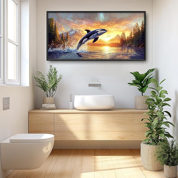 SweetFox Extra Large Orca Whale Sunset Framed Wall Art for Living Room, Ocean Wildlife Pictures Oversized Wall Decor Abstract Big Canvas Painting Print Artworks for Bathroom Bedroom 60L X 30W