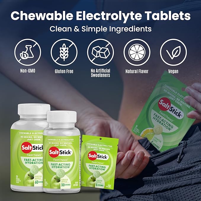 SaltStick Electrolyte FastChews - 120 Green Apple Chewable Electrolytes - Salt Tablets for Running and Hydration, Electrolyte Chews - 120 Count