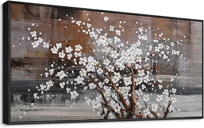 KLAKLA Wall Art for Living Room - White Plum Blossom Brown Trunk Natural Landscape Wall Decor Framed Picture Artwork for Wall Modern Paingings Extra Large Wall Art