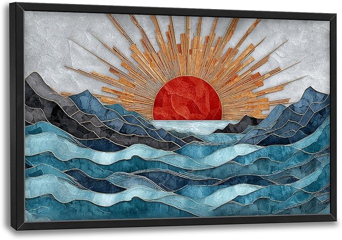 Glocmna Large Wall Art for Living Room Japanese Stained Glass Mountain Sunrise Wall Decor Modern Oriental Landscape Canvas Big Pictures Painting Print Framed Artwork Decorations Gifts for Bedroom Home Office Hotel 24"x36"
