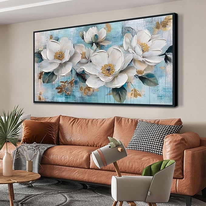 Ardemy Flower Large Wall Art for Living Room，White Gold Floral Canvas Framed Wall Art Painting Artwork Bedroom Picture Wall Decor Home Office 48"x24"