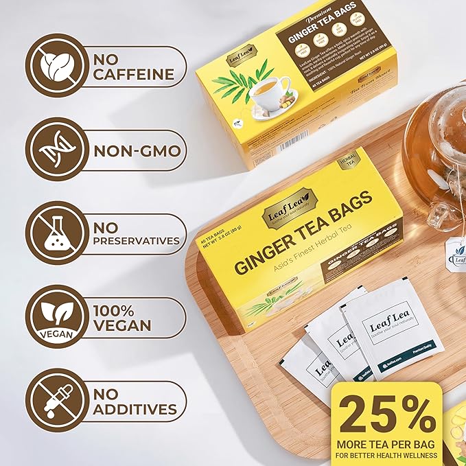 LeafLea 40 Ginger Tea Bags, 100% Pure & Natural from Dried Ginger Root Tea, Spicy & Comforting Herbal Tea Supports Digestion, Caffeine Free, Sugar Free, No Gluten, Non-GMO, Vegan