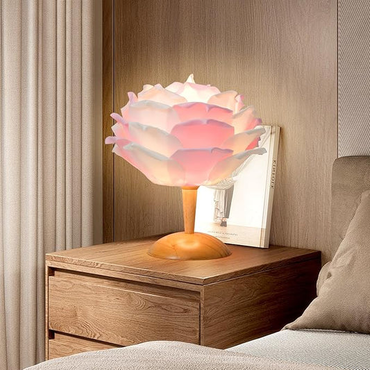 Lotus Table Lamp Flower Bedside Lamp Creative Pink and White Desk Nightstand Light Christmas Gift for Girl Bedroom Wedding Living Room Entry Restaurant Hotel Wooden Base