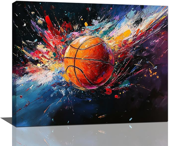 Olivine Basketball Wall Art, Graffiti Sports Picture, Colorful Sport Canvas Print Painting, Framed Artwork for Bathroom Bedroom Living Room Office Home Decoration 20"x16"