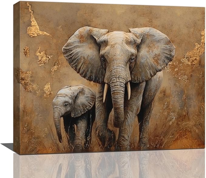 Elephant Wall Art African Animal Pictures Elephant Family Canvas Painting Decoration Artwork Framed Wall Decor Gifts for Women Girl Living Room Kids Bedroom 16"x20"