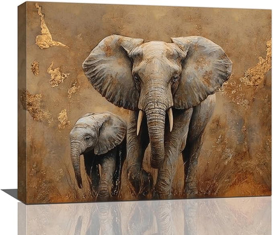 Elephant Wall Art African Animal Pictures Elephant Family Canvas Painting Decoration Artwork Framed Wall Decor Gifts for Women Girl Living Room Kids Bedroom 16"x20"