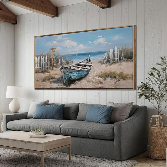Ardemy Framed Blue Wall Art for Bedroom Canvas Picture Wall Decor Living Room, Textured Painting Beach Seascape Picture Artwork Kitchen Bathroom Dining Room Home Office, Large 40"x20"
