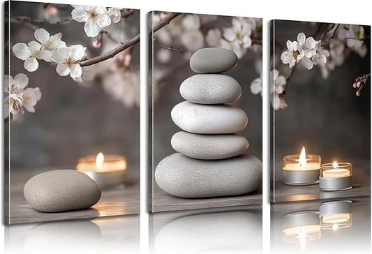 ZHJIOFXG Zen Flowers Canvas Print Wall Art, Zen Cherry blossoms Painting Picture Wall Decor, Stones Candlelight Poster, Calm Relaxation Meditation Artwork for Office Living Room Bedroom Framed 12x16in
