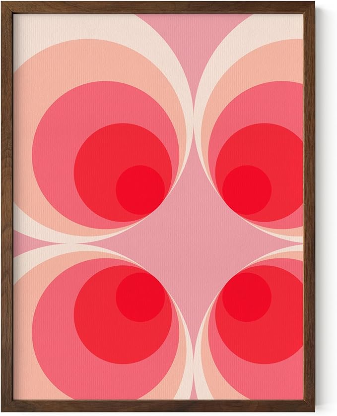HAUS AND HUES Colorful Abstract Wall Art - Minimalist Retro Picture for Living Room Decor, Red and Pink Modern Wall Art Painting (Pink Mod, Walnut Frame, 12x16)