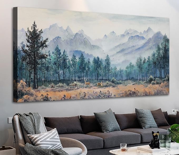 Anolyfi Forest Mountain Canvas Wall Art Nature Tree Landscape Painting, Panoramic Scenery Picture Textured Large Artwork Framed for Living Room Bedroom Bathroom Kitchen Office Home Decor 48"x24"