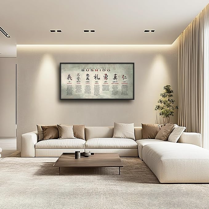 Japanese Bushido Large Wall Art Japan 7 Seven Virtues Pictures Wall Decor Inspirational Samurai Above Over Bed Canvas Prints Painting Framed Artwork Decoration for Bedroom Living Room Office 60"x30"